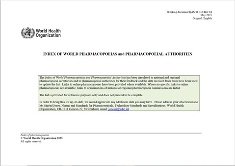 Index of World Pharmacopoeias and Pharmacopoeial authorities